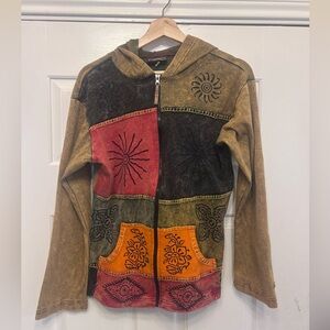 Kyber Outerwear Patchwork Full Zip Jacket Embroidered Boho Hippie Hoodie XL